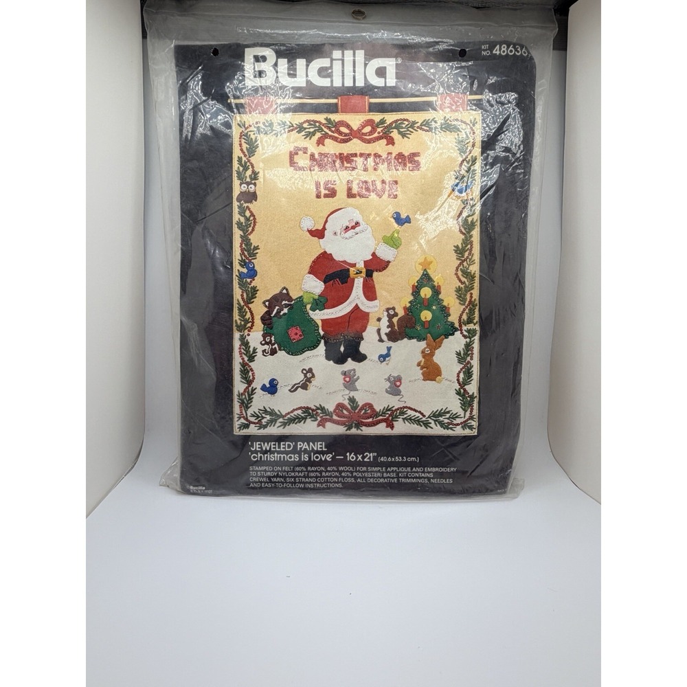 Vintage Bucilla Jeweled Wall Panel "Christmas Is Love" Santa & Animals 48636